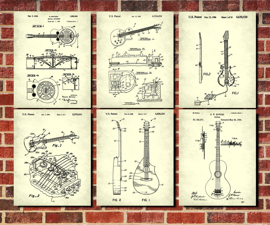 Guitar Patent Prints Set of 6 Guitar Blueprints Guitarist Posters 6B
