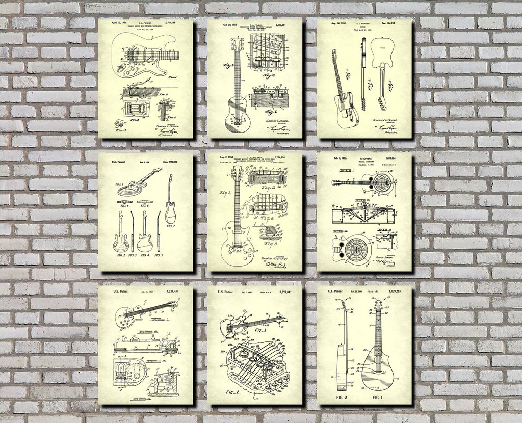 Guitar Patent Prints Set of 9 Guitar Blueprints Music Posters