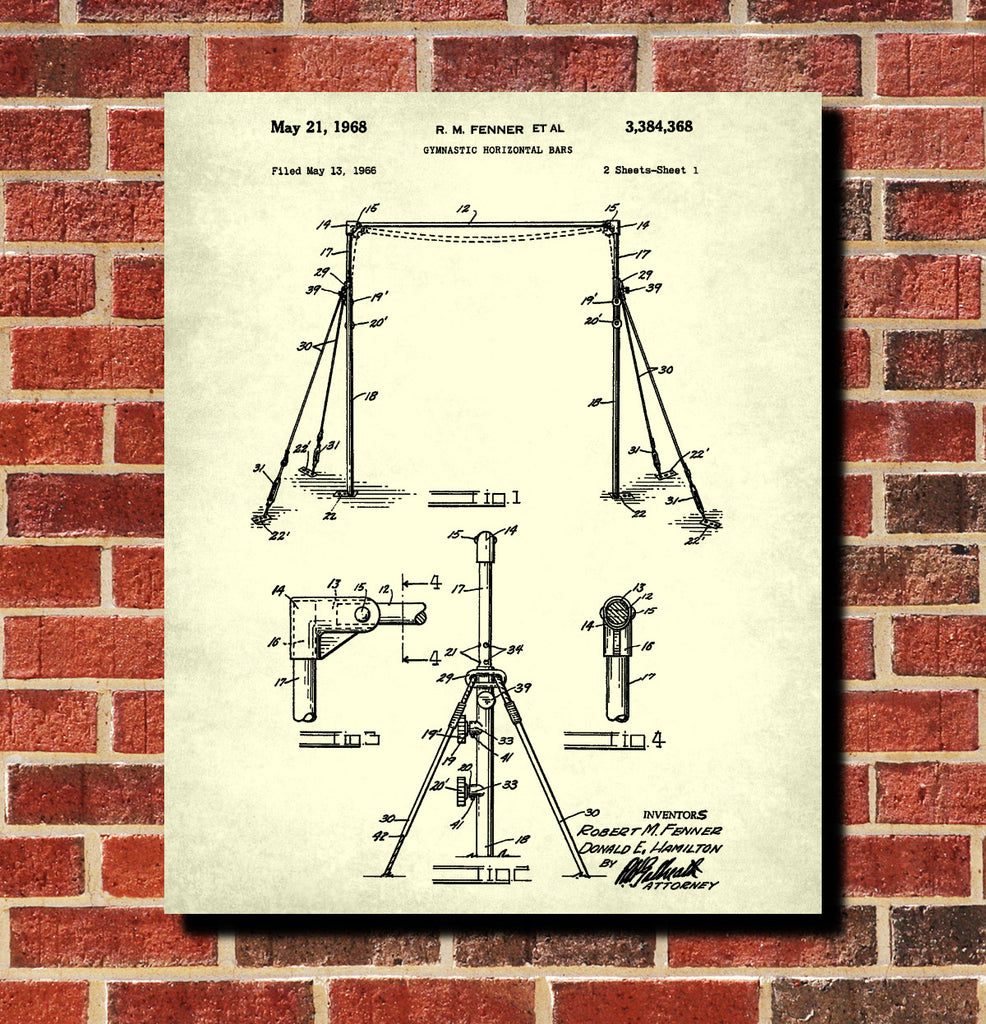 Gymnastics Bars Patent Print Gym Blueprint Gymnast Poster