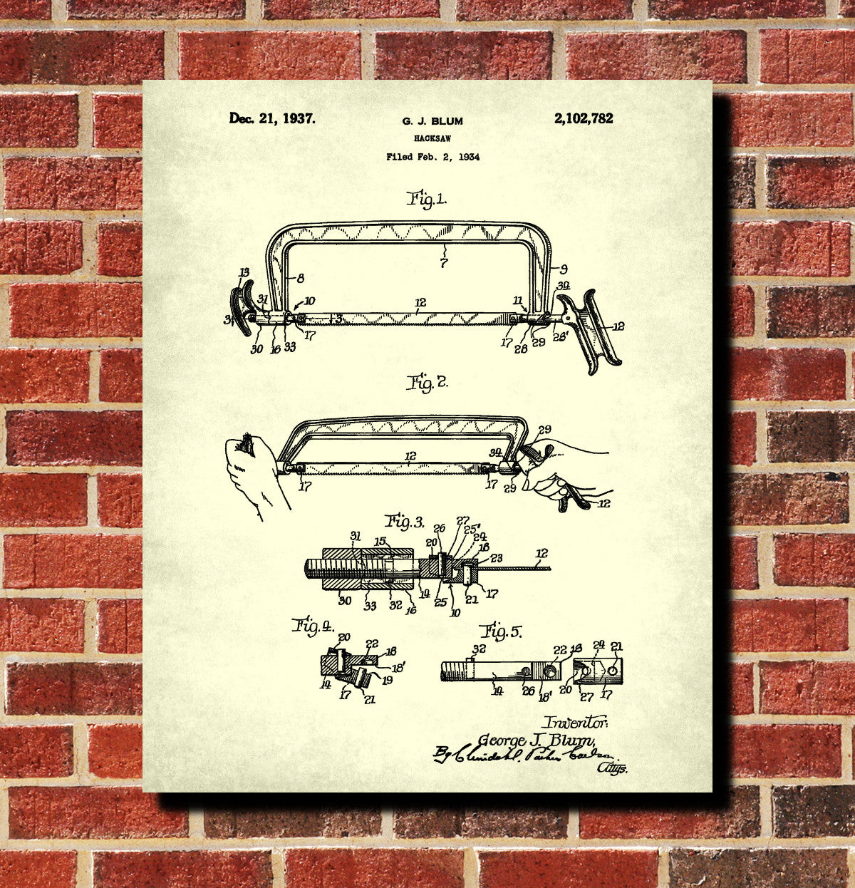 Hacksaw Patent Print Hand Tools Blueprint Workshop Poster