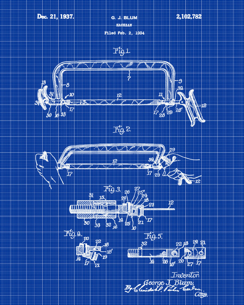 Hacksaw Patent Print Hand Tools Blueprint Workshop Poster