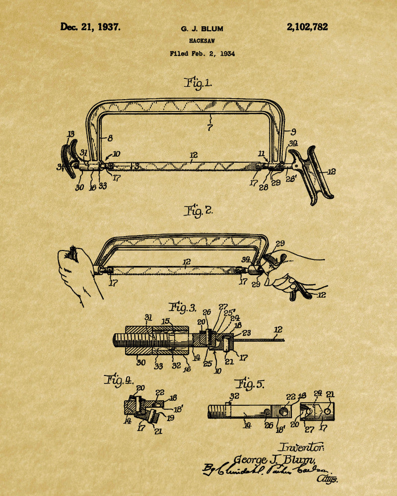 Hacksaw Patent Print Hand Tools Blueprint Workshop Poster