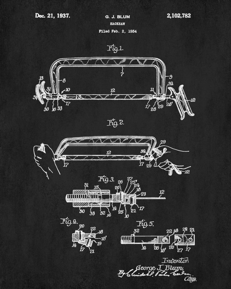 Hacksaw Patent Print Hand Tools Blueprint Workshop Poster