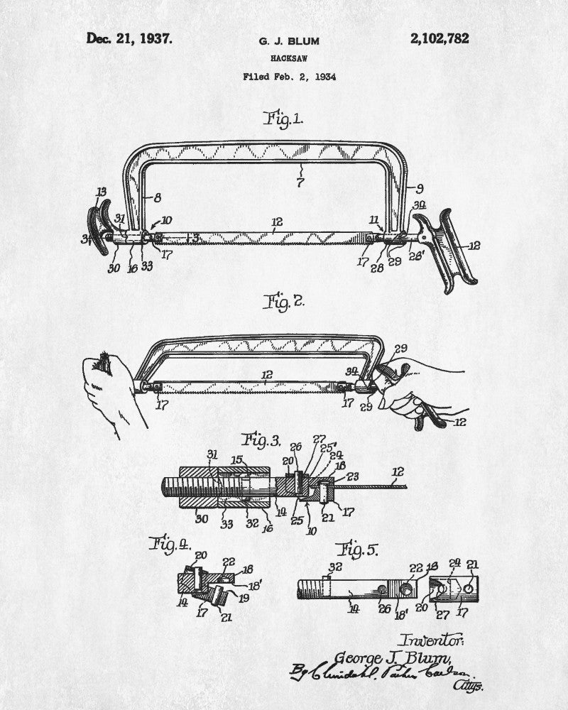 Hacksaw Patent Print Hand Tools Blueprint Workshop Poster