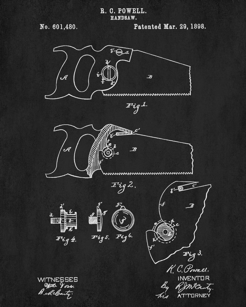 Hand Saw Patent Print Hand Tools Blueprint Workshop Poster