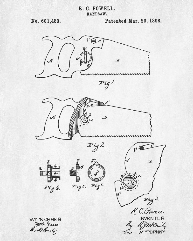 Hand Saw Patent Print Hand Tools Blueprint Workshop Poster