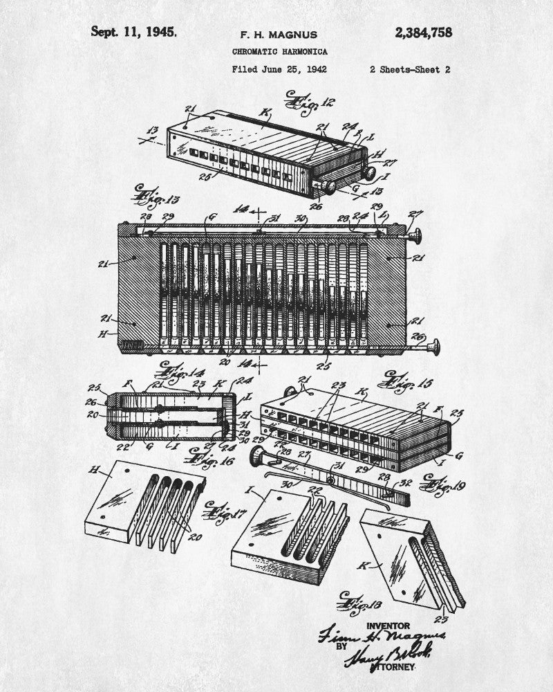 Harmonica Patent Print Musical Instrument Wall Art Music Poster