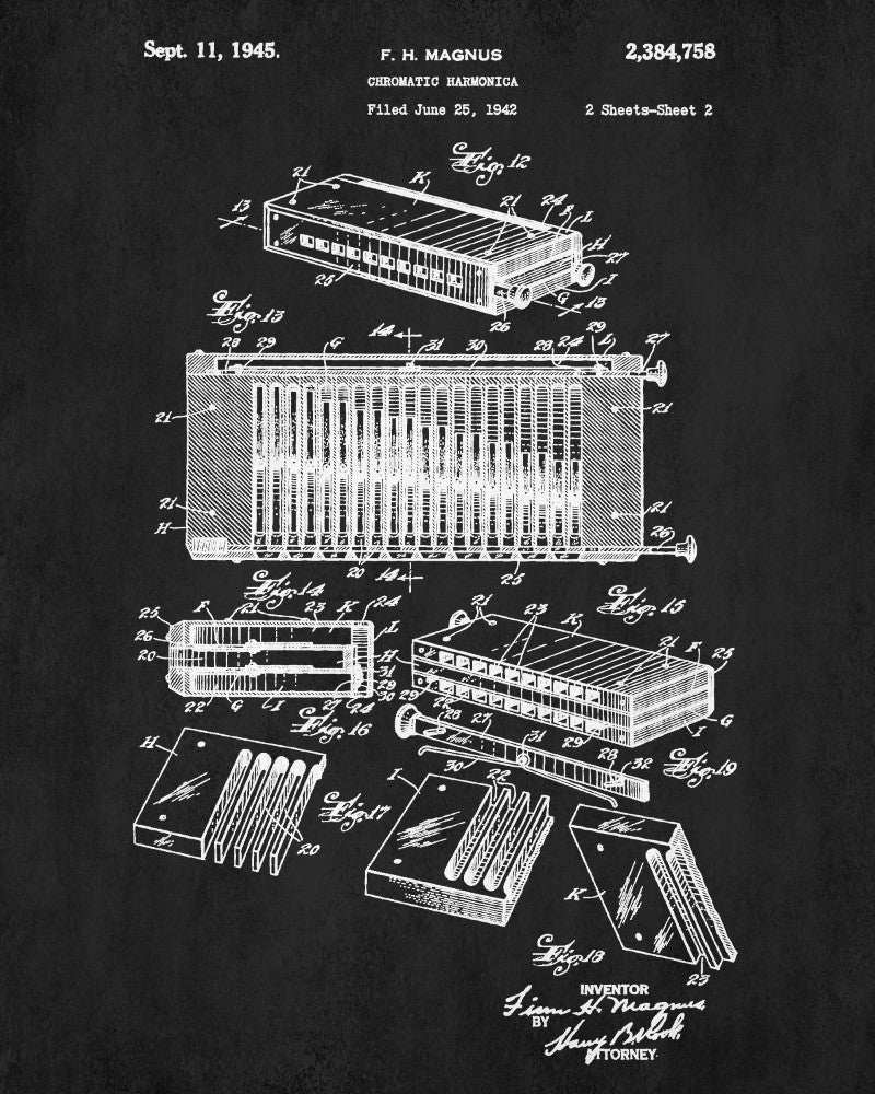 Harmonica Patent Print Musical Instrument Wall Art Music Poster