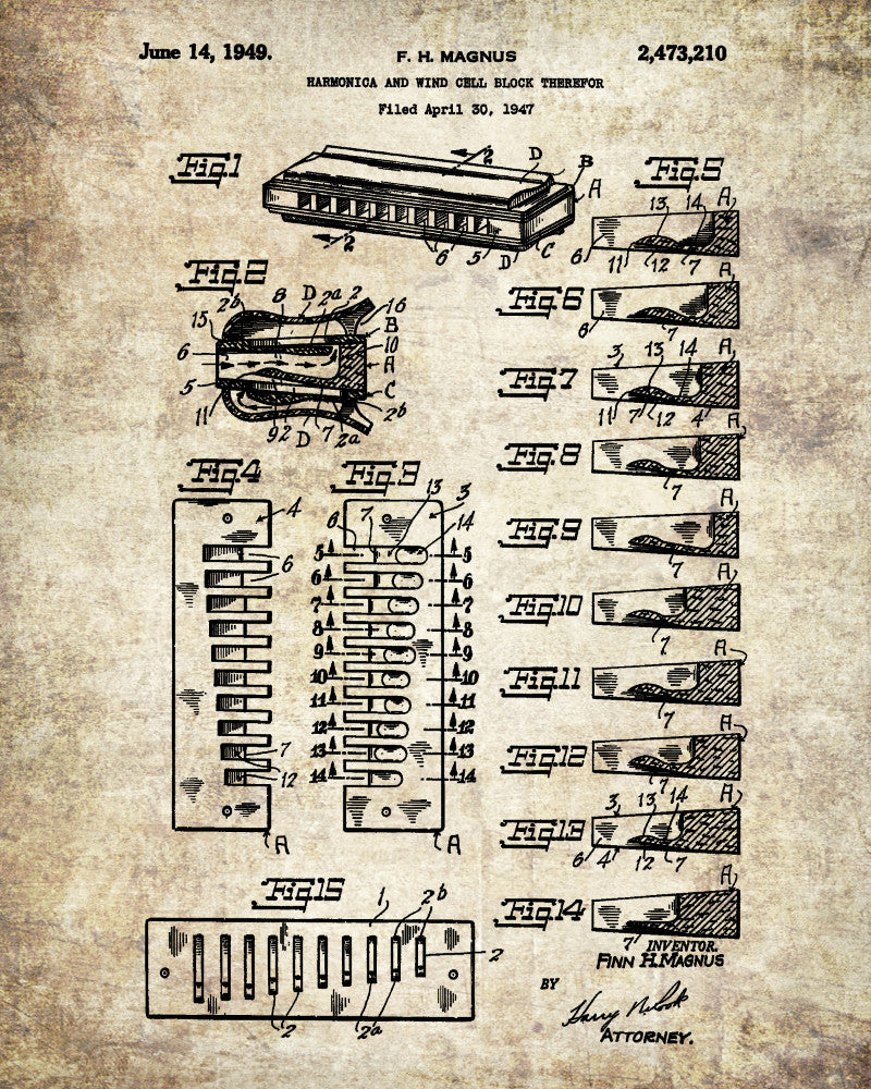 Harmonica Poster Musical Instrument Wall Art Music Patent Print