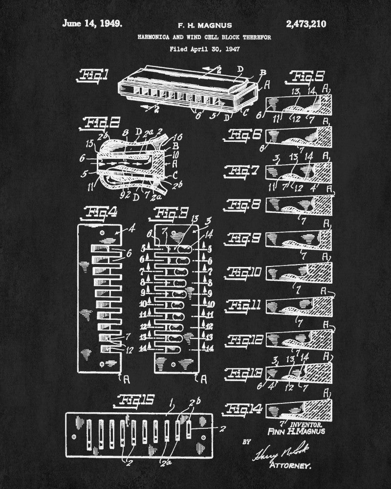 Harmonica Poster Musical Instrument Wall Art Music Patent Print