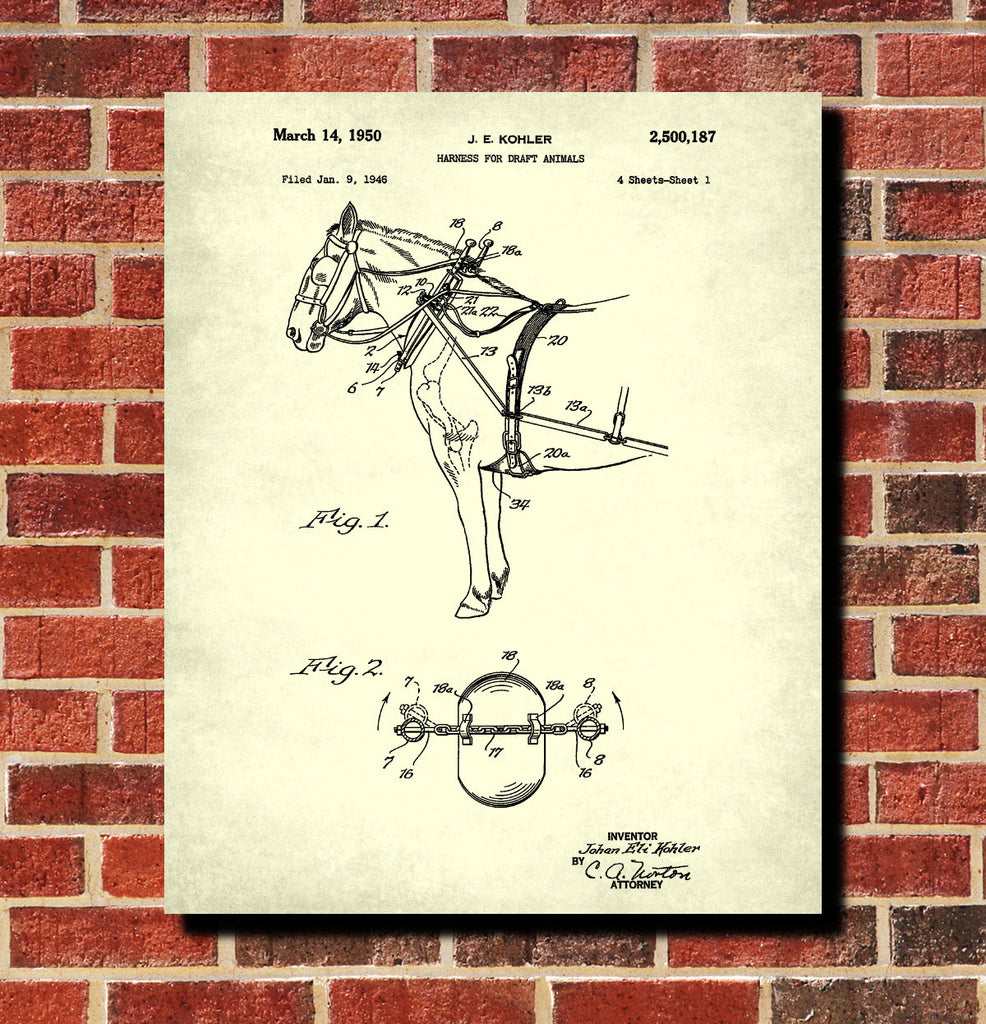 Vintage Farming Patent Print, Horse Harness Blueprint