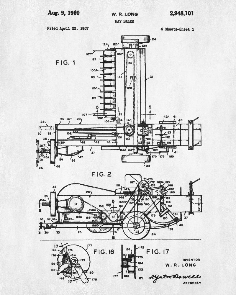 Farming Equipment Patent Print, Hay Baler Blueprint