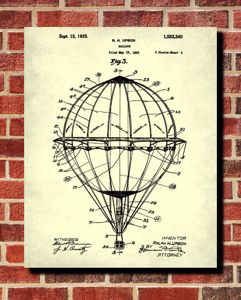 Hot Air Balloon Patent Print Flying Blueprint Aviation Poster - OnTrendAndFab