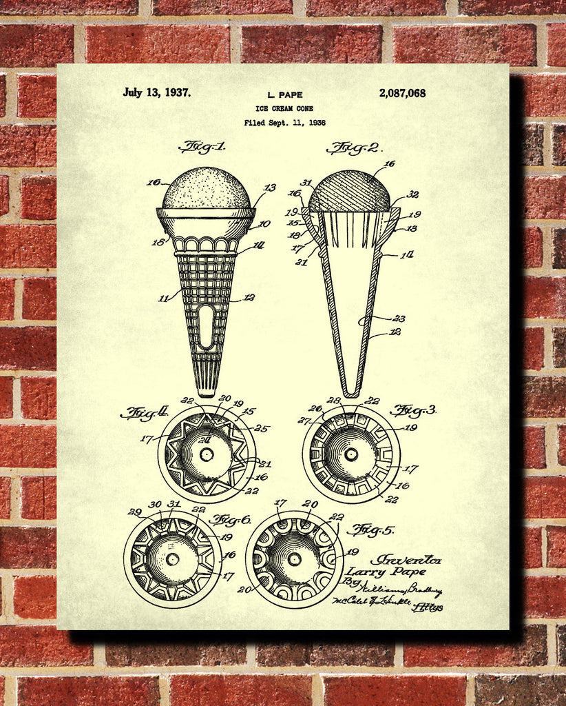 Ice Cream Cones Patent Print Kitchen Wall Art Blueprint Cafe Poster - OnTrendAndFab
