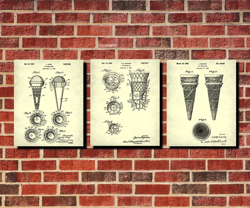 Ice Cream Cones Patent Prints Set 3 Cafe Posters - OnTrendAndFab