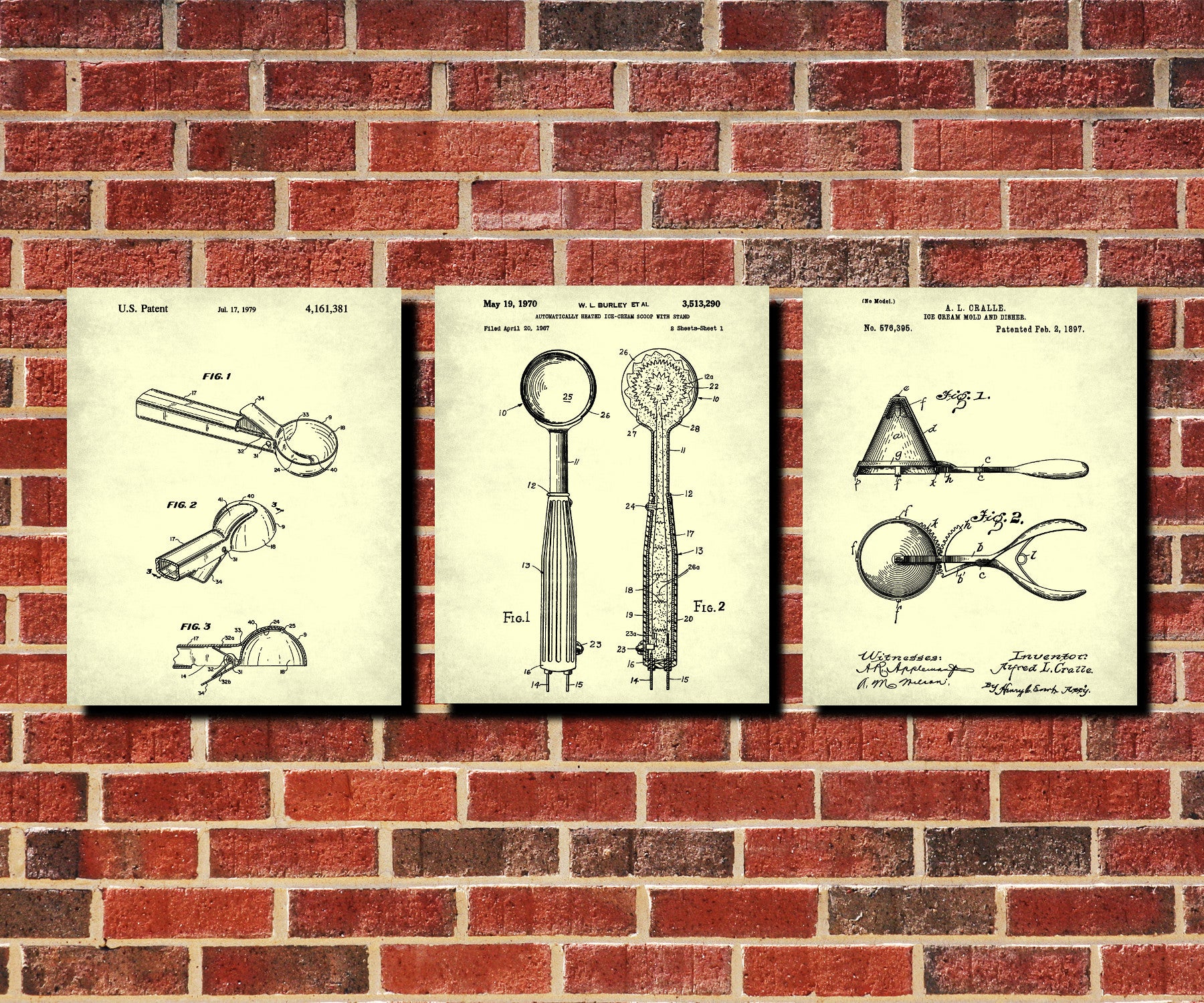 Ice Cream Scoop Patent Prints Set 3 Cafe Posters - OnTrendAndFab