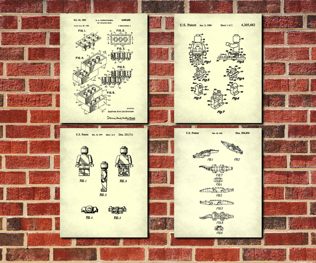 Lego Bricks Wall Art Set of 4 Patent Prints Toys and Games