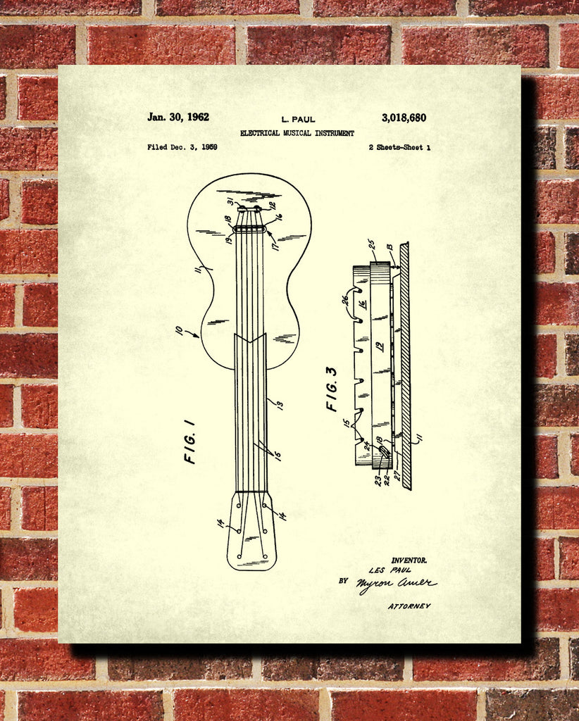 Les Paul Guitar Patent Print Musical Instrument Blueprint Music Poster - OnTrendAndFab
