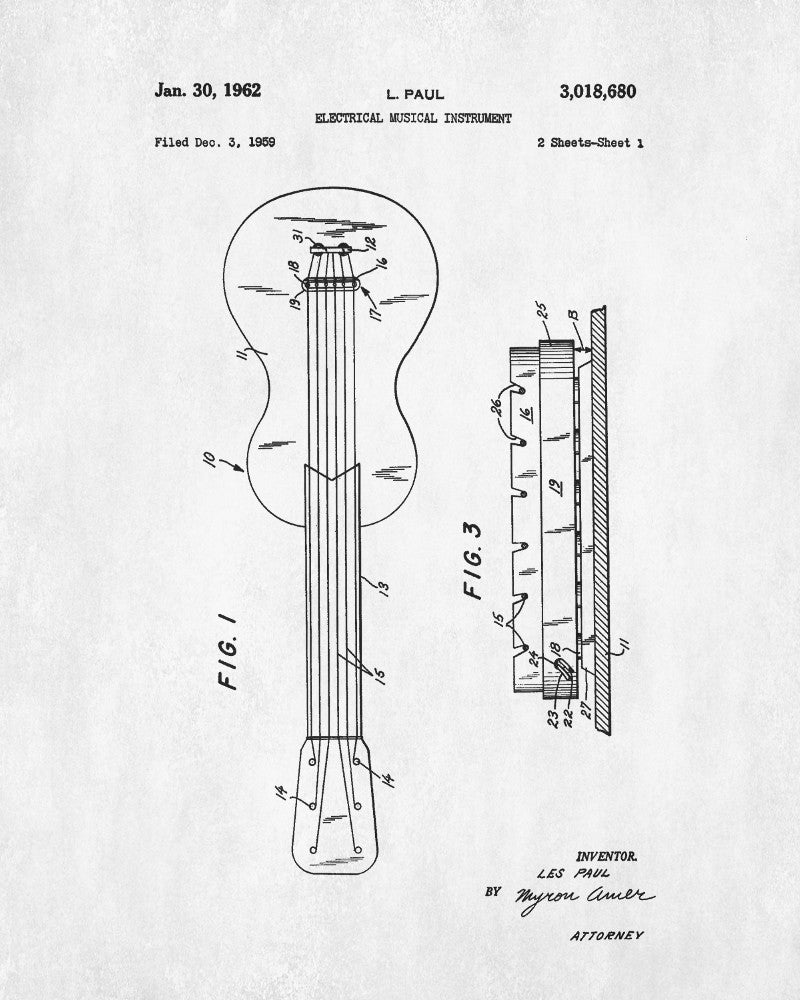 Les Paul Guitar Patent Print Musical Instrument Blueprint Music Poster - OnTrendAndFab