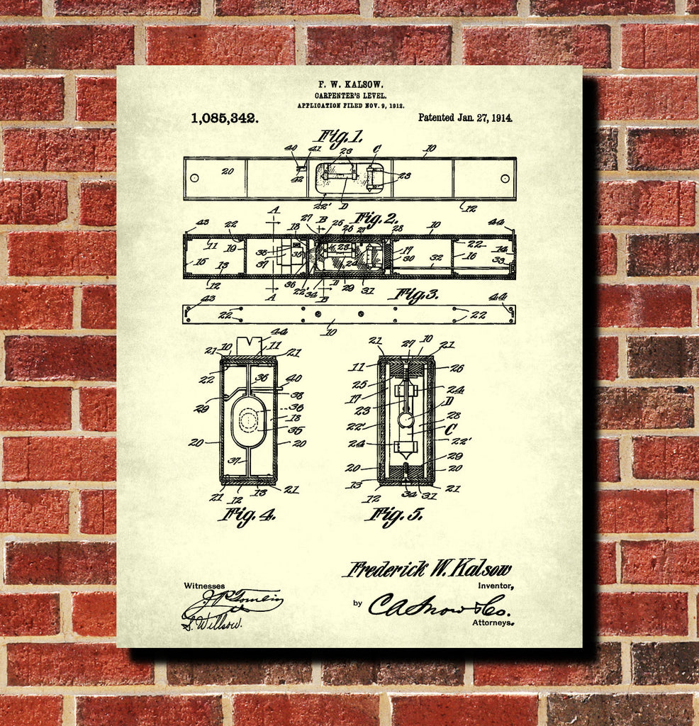 Carpenters Level Patent Print Hand Tools Blueprint Workshop Poster