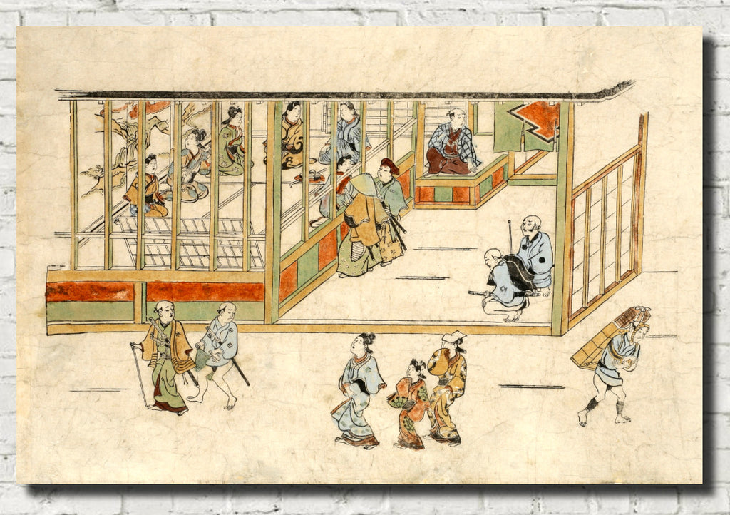 Hishikawa Moronobu Japanese Print, lobby of a brothel