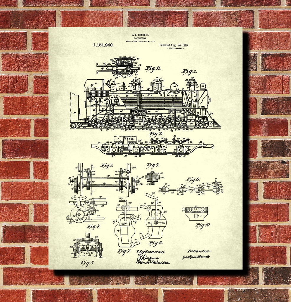 Locomotive Patent Print Steam Train Poster Railway Wall Art