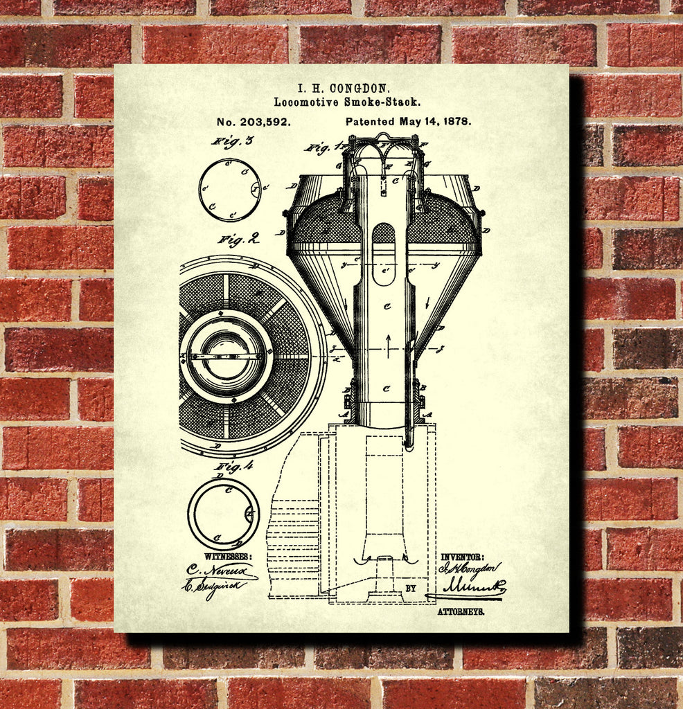 Locomotive Smoke Stack Patent Print Steam Train Poster