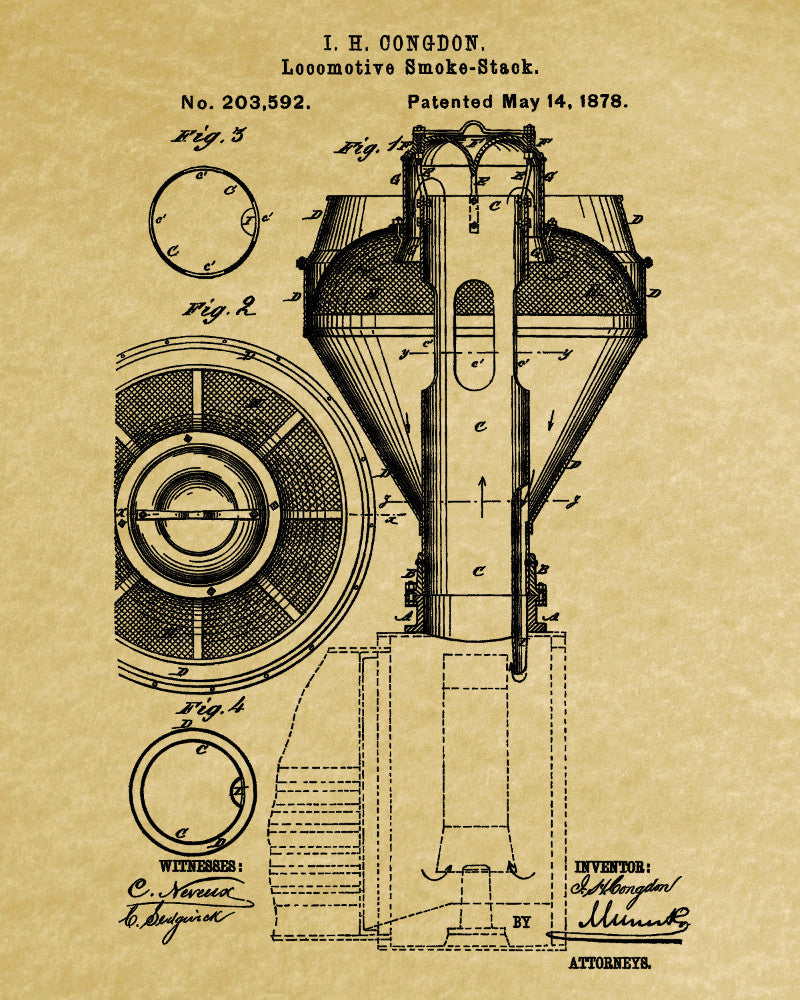 Locomotive Smoke Stack Patent Print Steam Train Poster