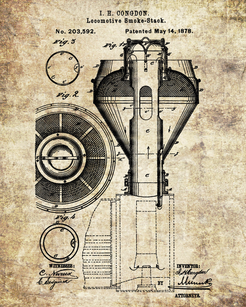 Locomotive Smoke Stack Patent Print Steam Train Poster