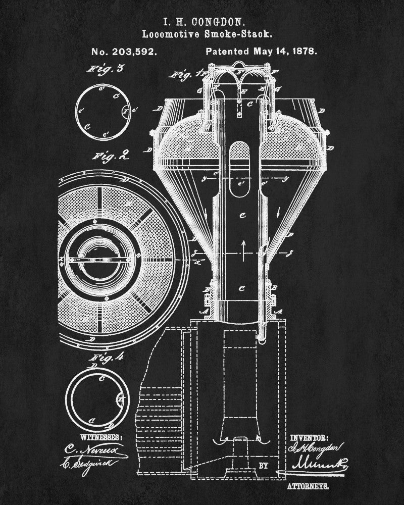 Locomotive Smoke Stack Patent Print Steam Train Poster