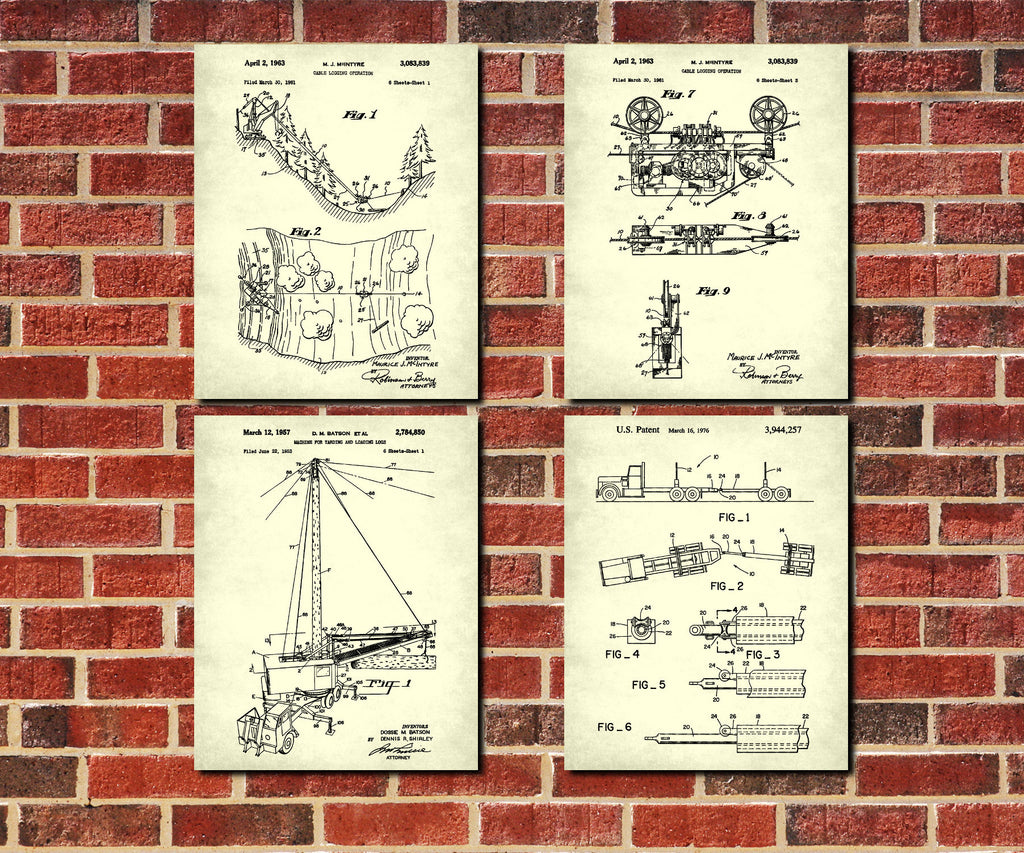 Logging Patent Prints Set 4 Forestry Wall Art Posters