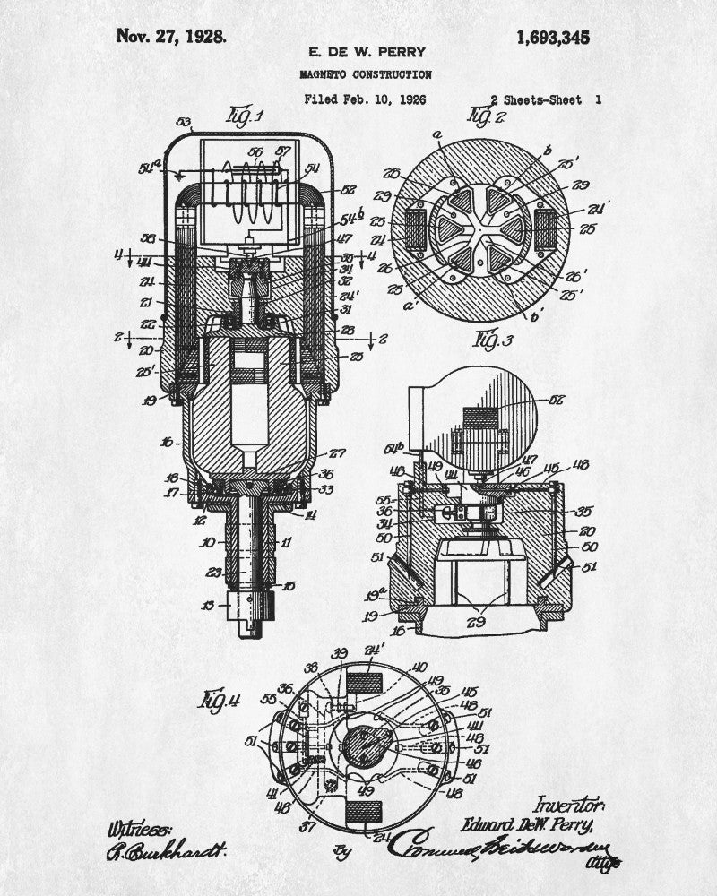 Magneto Blueprint Vintage Electrical Design Patent Print Poster