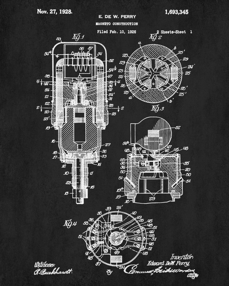 Magneto Blueprint Vintage Electrical Design Patent Print Poster
