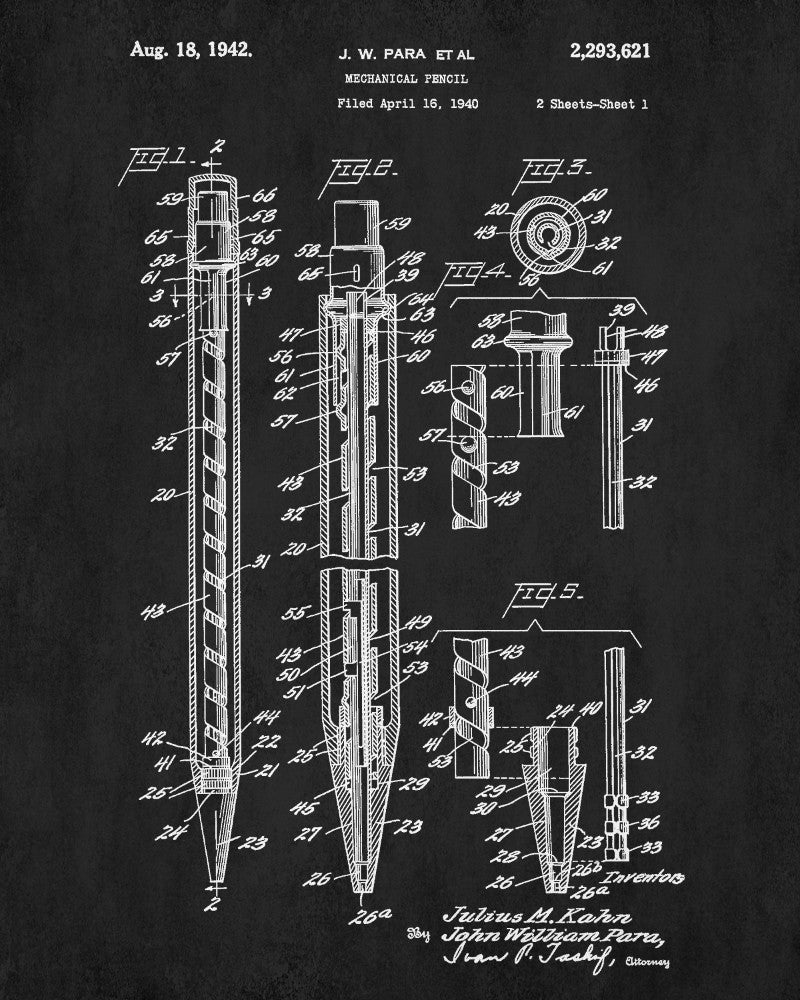 Mechanical Pencil Patent Print Pencil Blueprint Office Poster