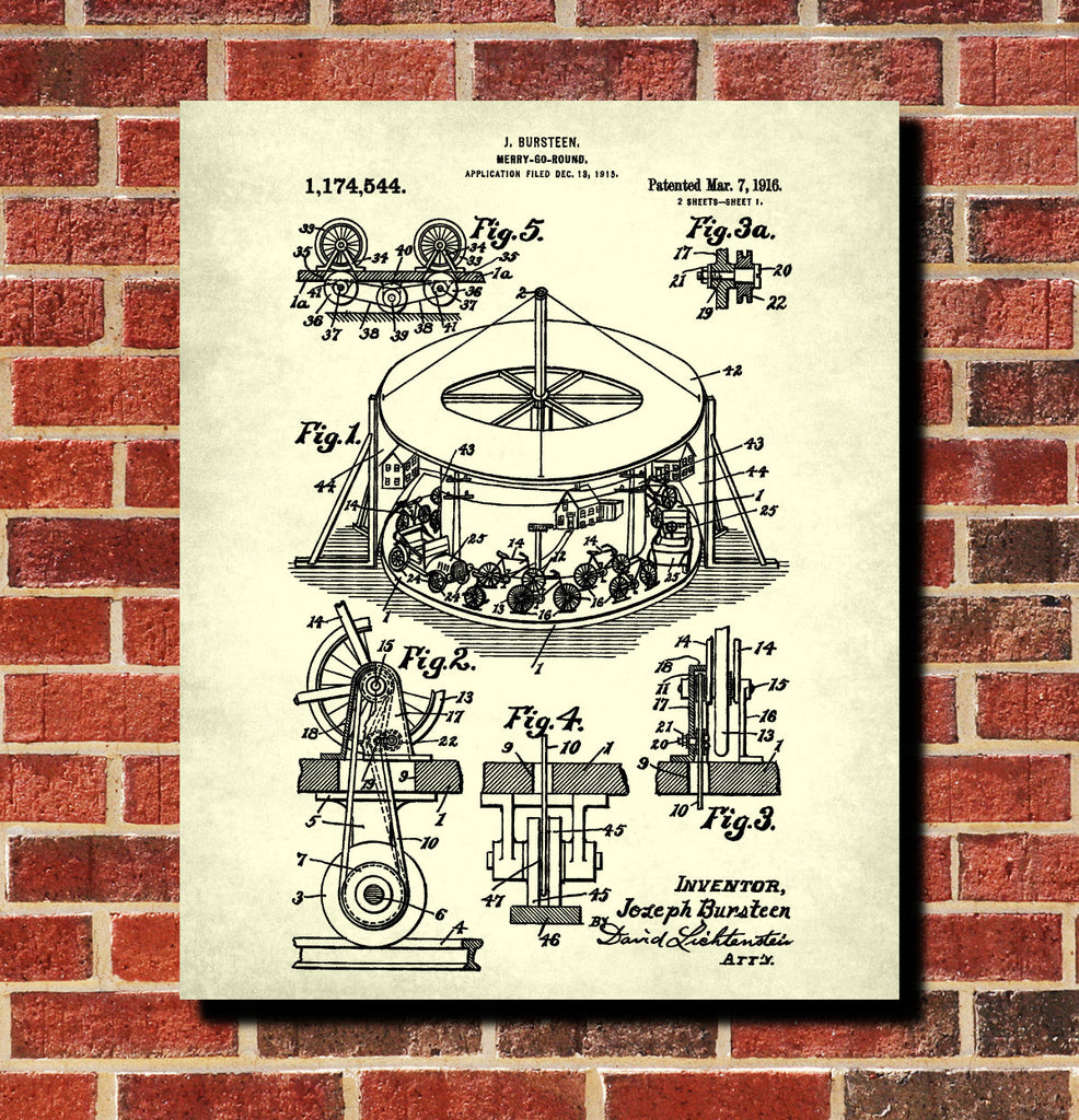 Merry-Go-Round Patent Print Carnival Fairground Blueprint Poster