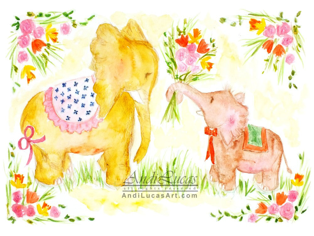 Elephant Flowers Cute Children's Nursery Wall Art Print