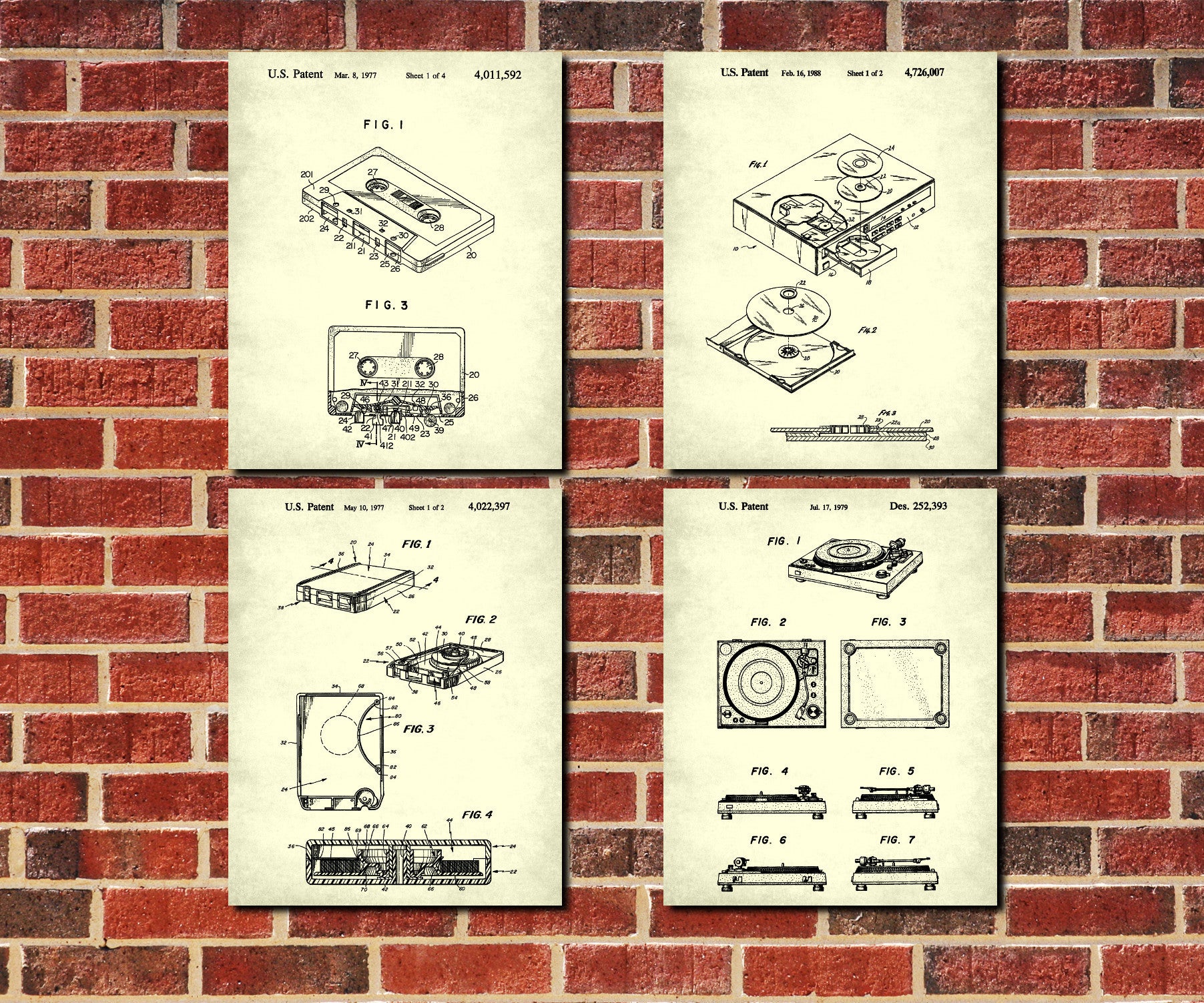 Music Players Patent Prints Set 4 Music Formats Blueprint Posters