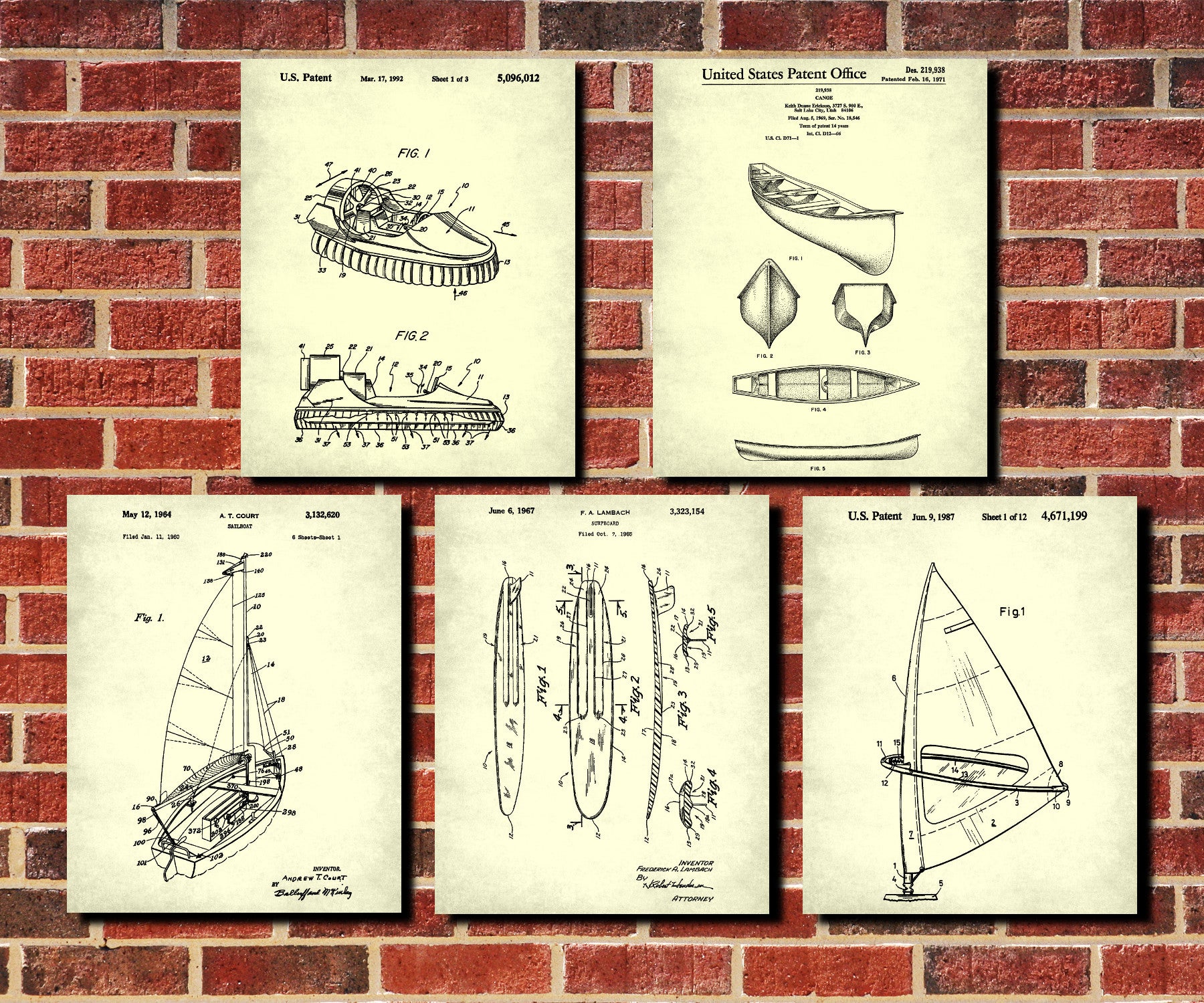 Water craft Patent Prints Set 5 Boat Posters Sports Gift