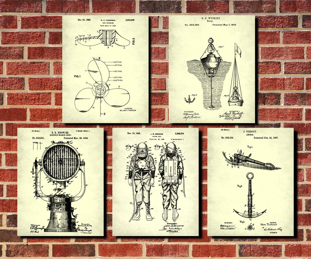 Nautical Patent Prints Set 5 Sailing Posters Sailor Gift