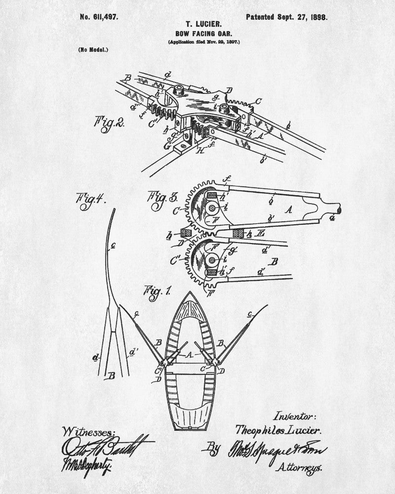 Rowing Patent Print Boating Blueprint Bow Facing Oars Poster