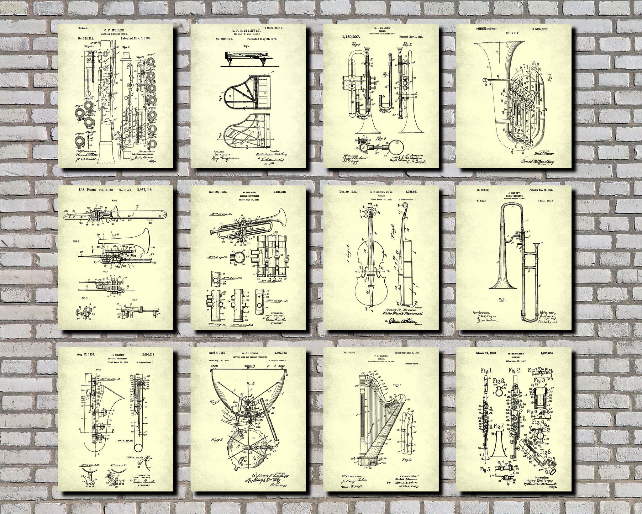 Orchestra Patent Prints Set 12 Musical Instruments Blueprint Posters ...