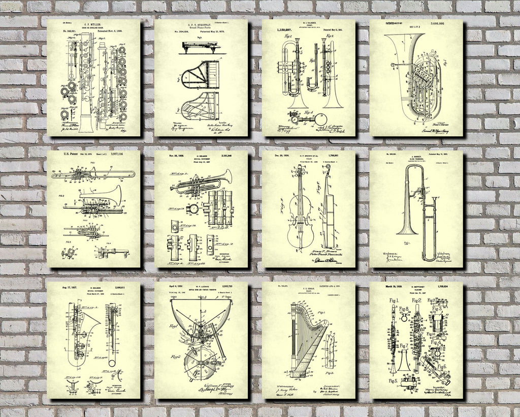Orchestra Patent Prints Set 12 Musical Instruments Blueprint Posters