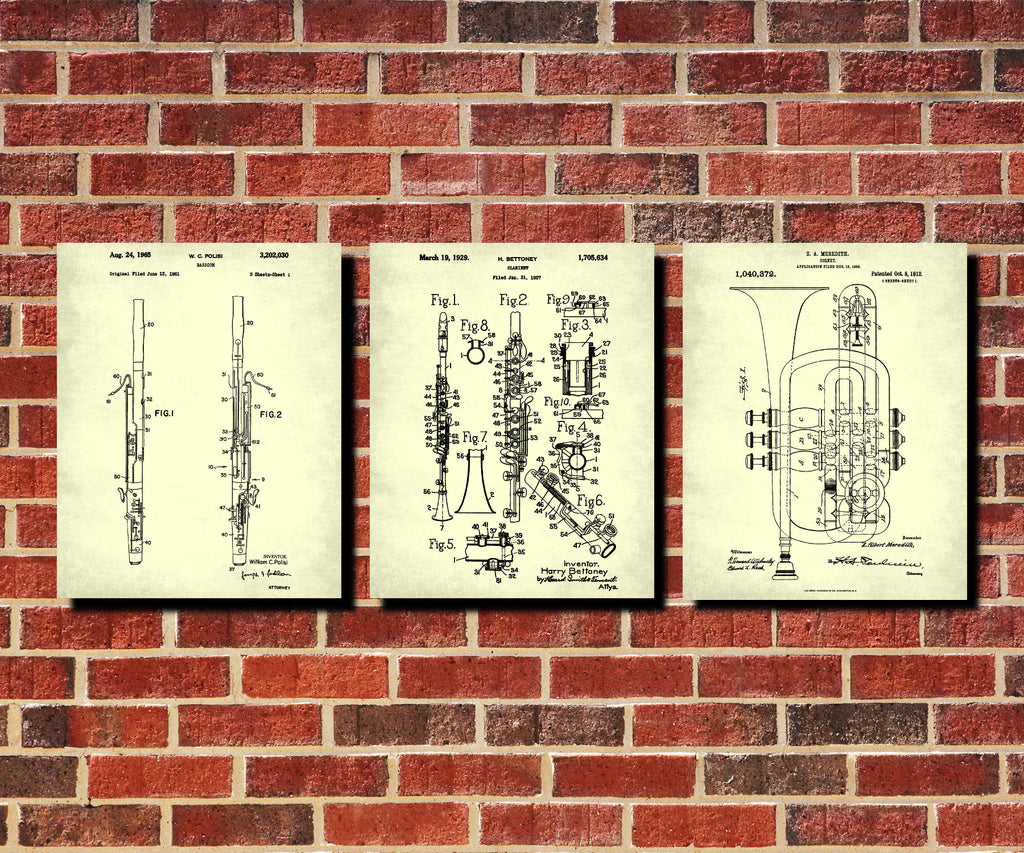 Musical Instruments Wall Art Posters Orchestra Patent Prints Set 3B