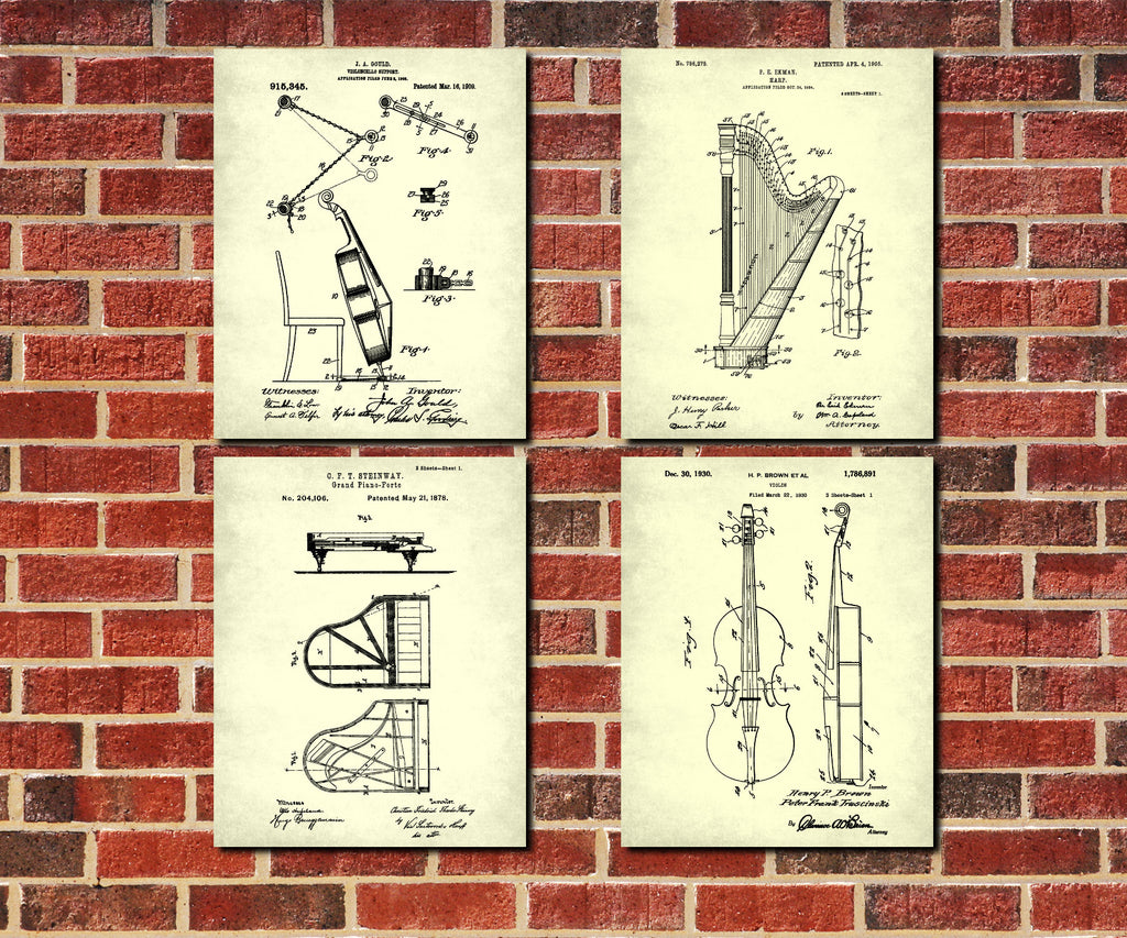 Musical Instruments Wall Art Posters Orchestra Patent Prints Set 4A