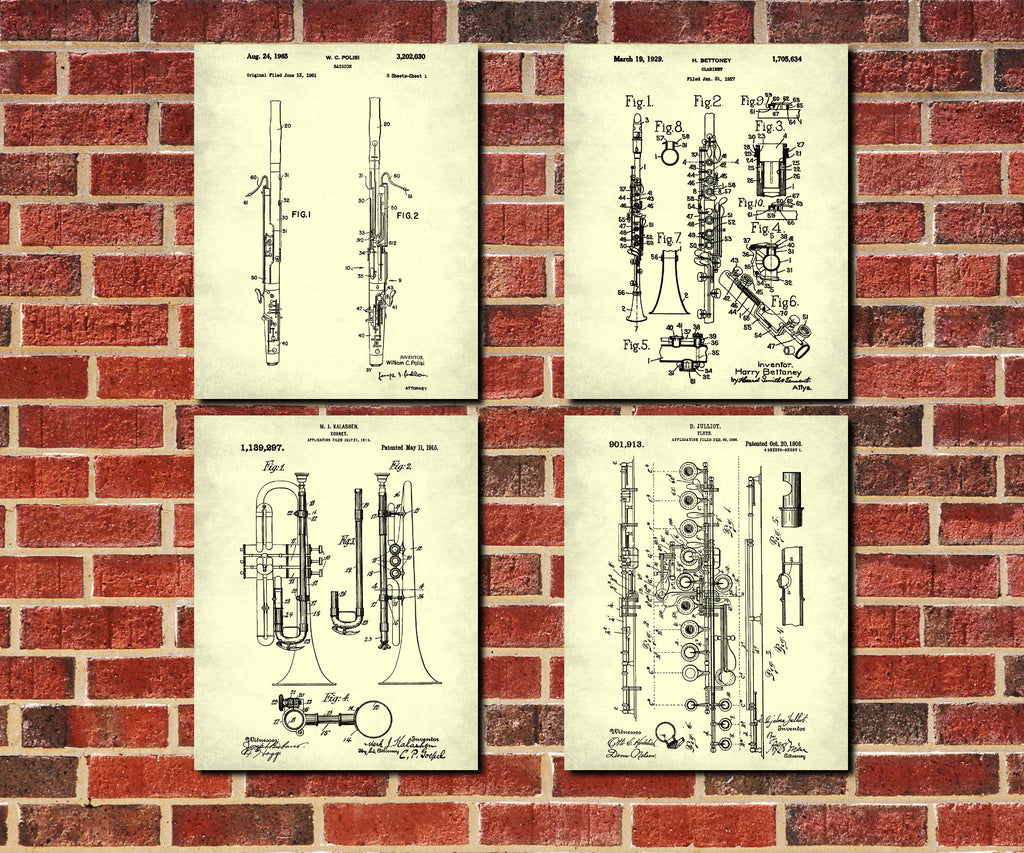 Musical Instruments Wall Art Posters Orchestra Patent Prints Set 4B