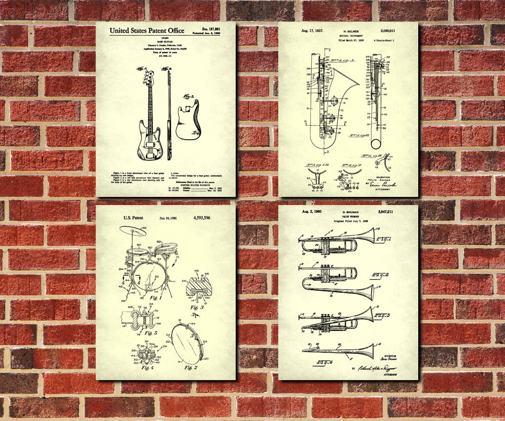 Jazz Music Posters Musical Instruments Patent Prints Set 4E