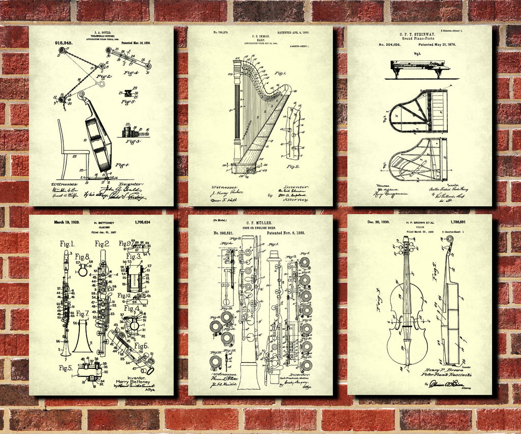 Musical Instruments Wall Art Posters Orchestra Patent Prints Set 6A