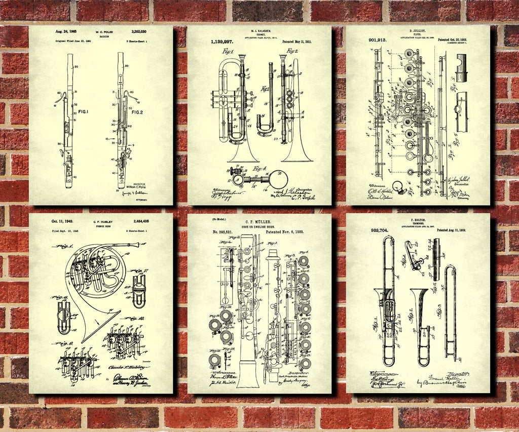Musical Instruments Wall Art Posters Orchestra Patent Prints Set 6B