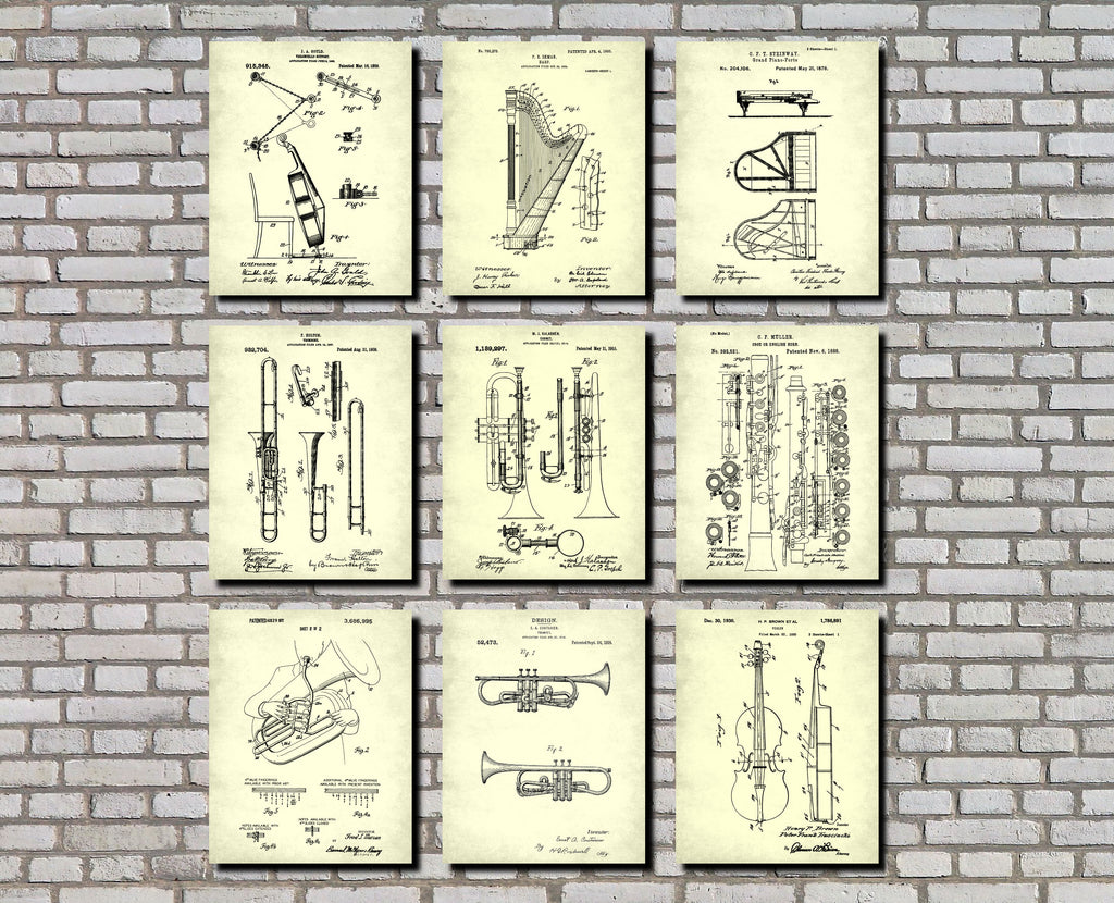 Musical Instruments Wall Art Posters Orchestra Patent Prints Set 9B