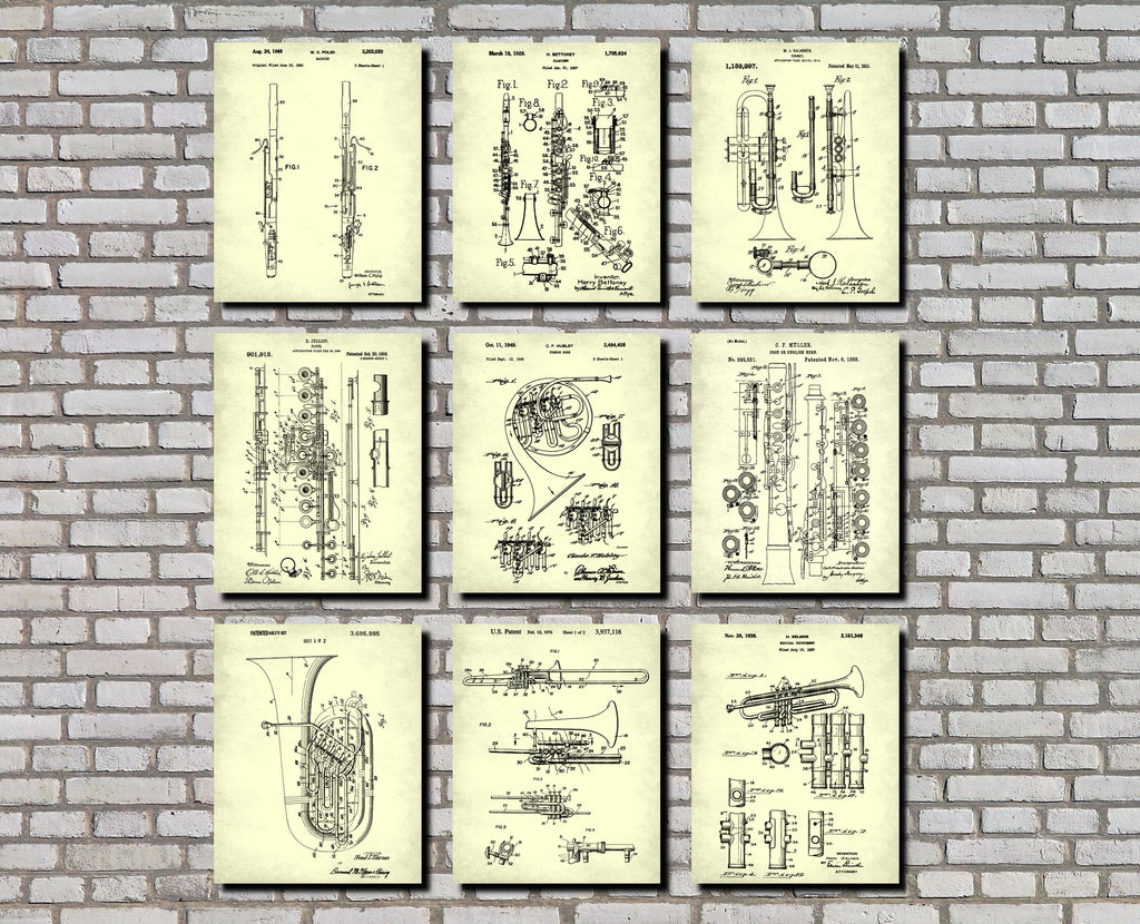 Musical Instruments Wall Art Posters Orchestra Patent Prints Set 9